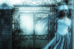 a ghostly woman in front of a gate